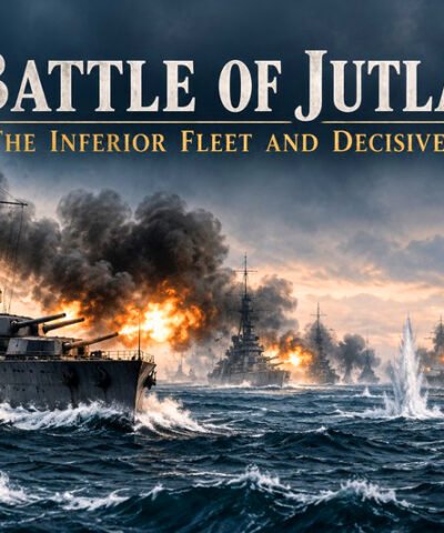Battle of Jutland 1916 depicting British Royal Navy and German High Seas Fleet battleships exchanging fire during World War I.