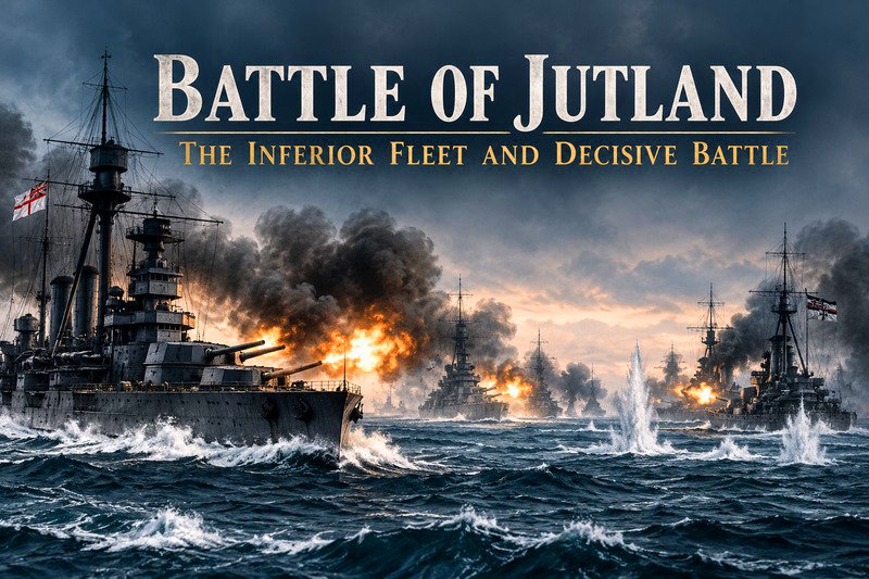 Battle of Jutland 1916 depicting British Royal Navy and German High Seas Fleet battleships exchanging fire during World War I.